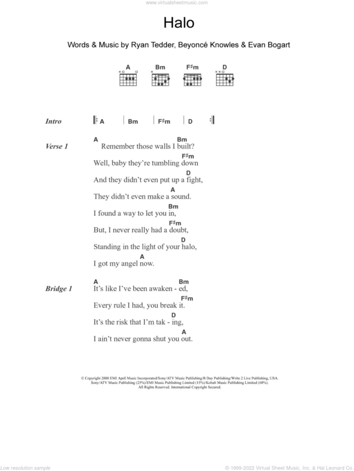 Halo sheet music for guitar (chords) by Beyonce, Evan Bogart and Ryan Tedder, intermediate skill level