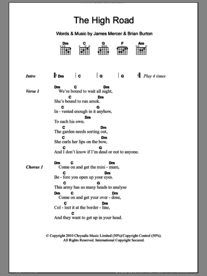 The High Road sheet music for guitar (chords) by Broken Bells, Brian Burton and James Mercer, intermediate skill level