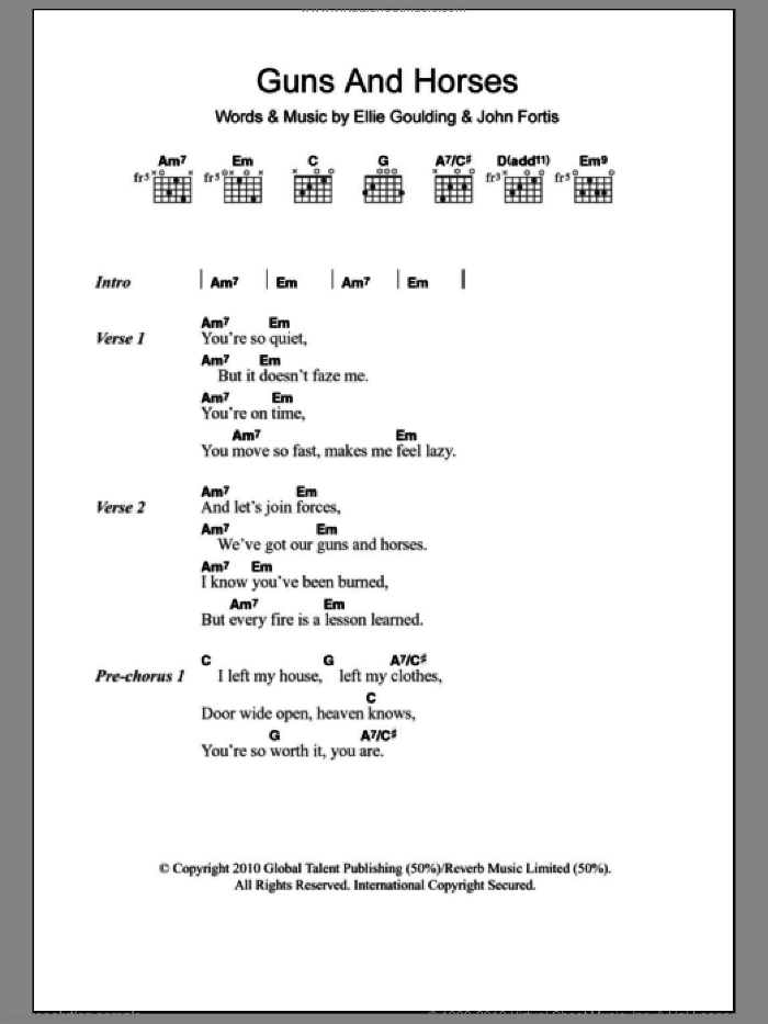 Guns And Horses sheet music for guitar (chords) by Ellie Goulding and John Fortis, intermediate skill level