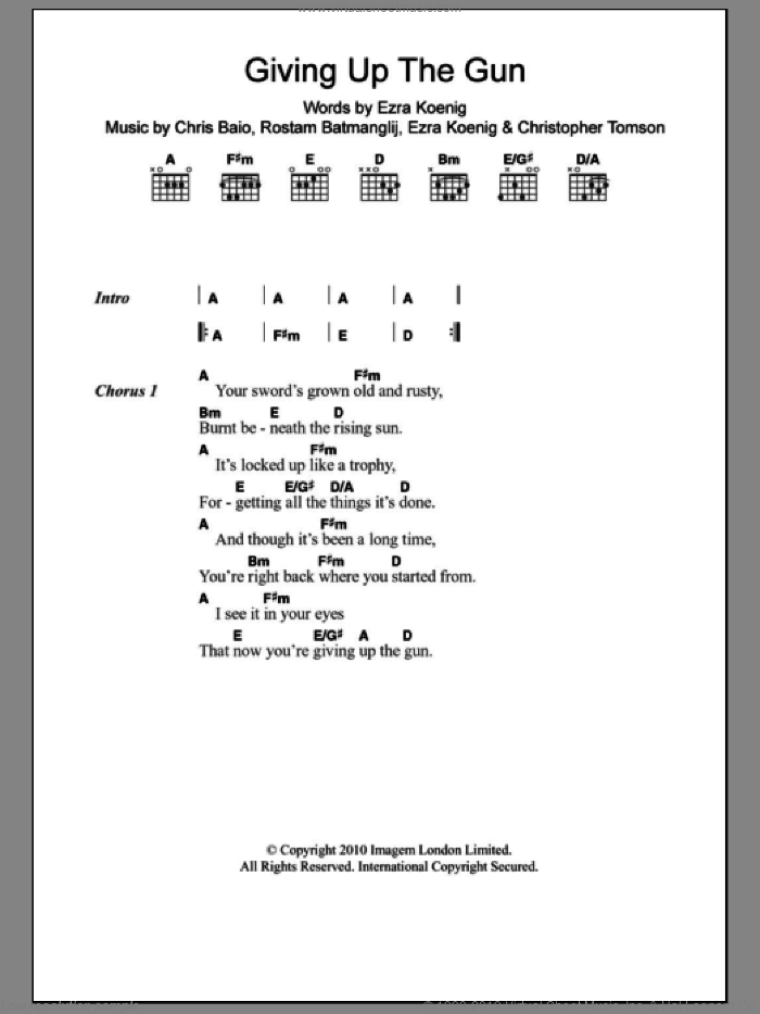 Giving Up The Gun sheet music for guitar (chords) by Vampire Weekend, Chris Baio, Christopher Tomson, Ezra Koenig and Rostam Batmanglij, intermediate skill level