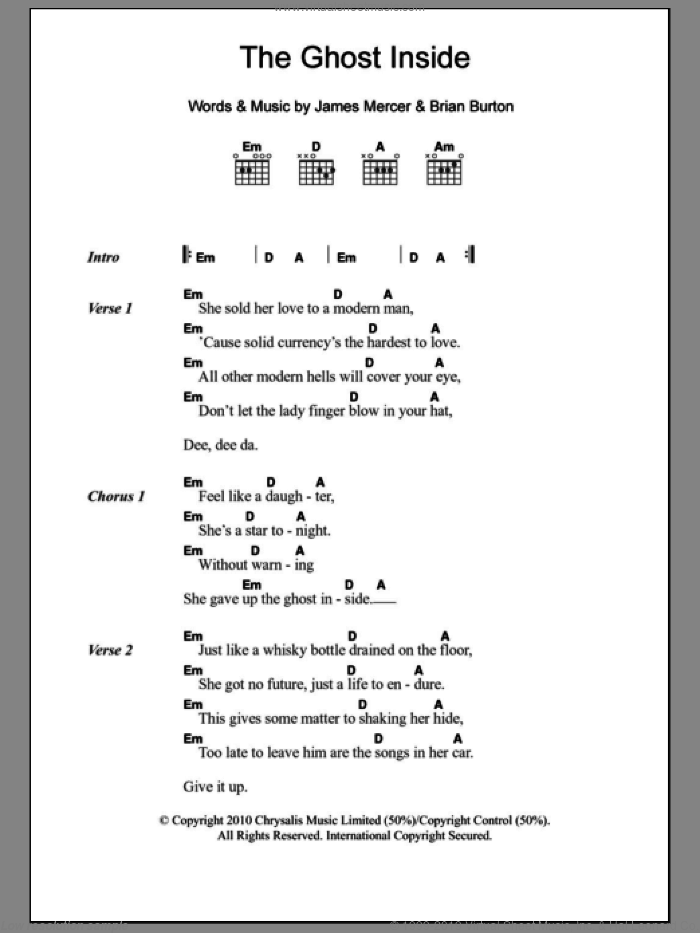 The Ghost Inside sheet music for guitar (chords) by Broken Bells, Brian Burton and James Mercer, intermediate skill level