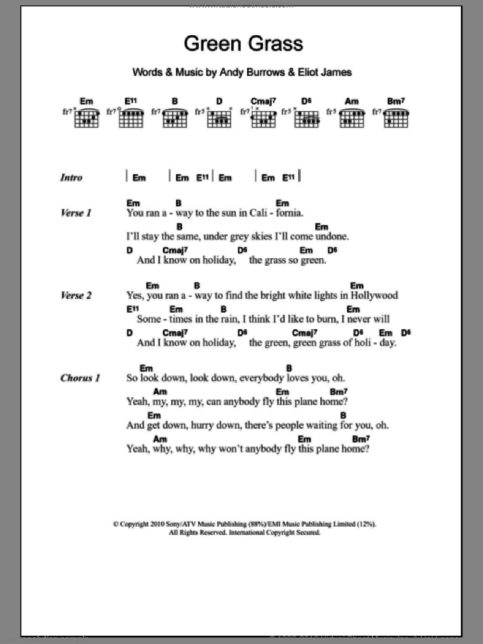 Green Grass sheet music for guitar (chords) by I Am Arrows, Andy Burrows and Eliot James, intermediate skill level