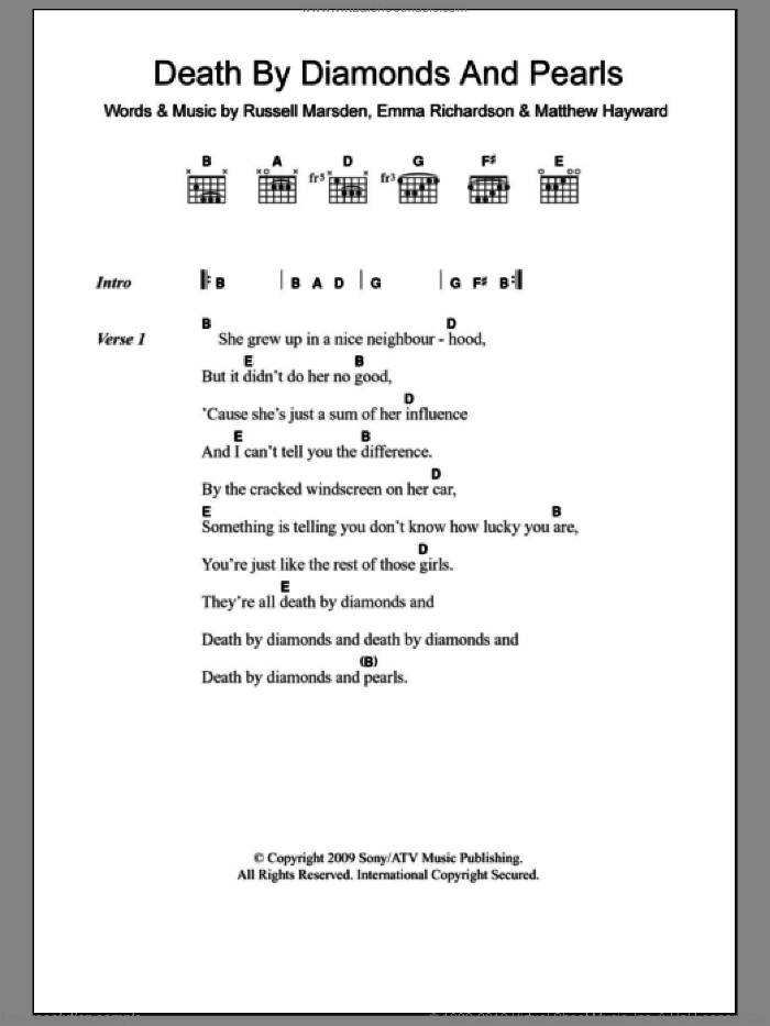 Death By Diamonds And Pearls sheet music for guitar (chords) by Band Of Skulls, Emma Richardson, Matthew Hayward and Russell Marsden, intermediate skill level