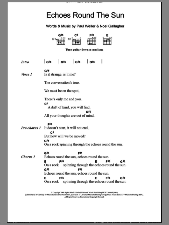 Echoes Round The Sun sheet music for guitar (chords) by Paul Weller and Noel Gallagher, intermediate skill level