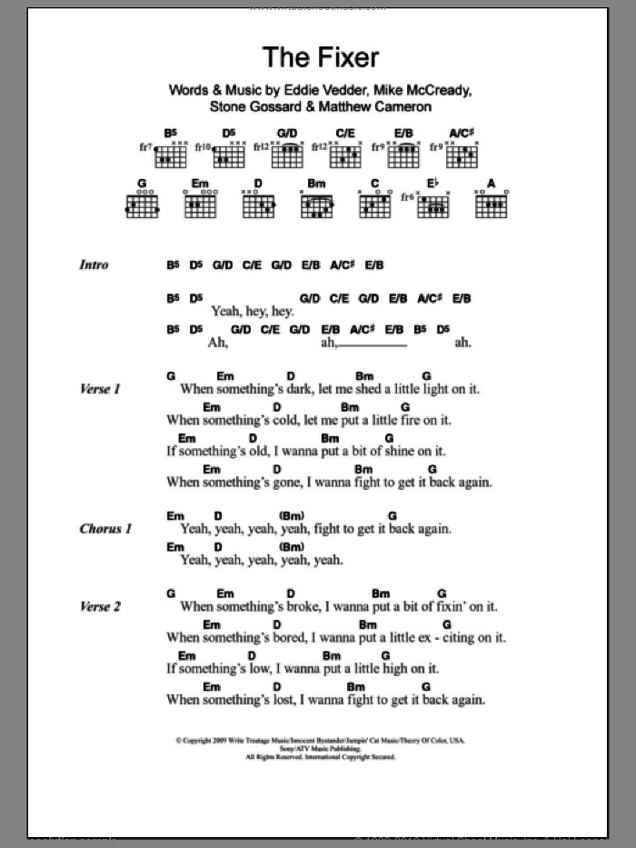 The Fixer sheet music for guitar (chords) by Pearl Jam, Eddie Vedder, Matthew Cameron, Mike McCready and Stone Gossard, intermediate skill level