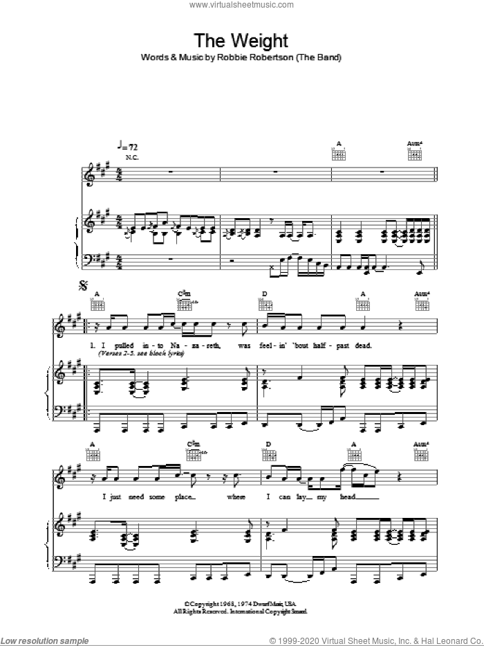 The Weight sheet music for voice, piano or guitar by The Band and Robbie Robertson, intermediate skill level