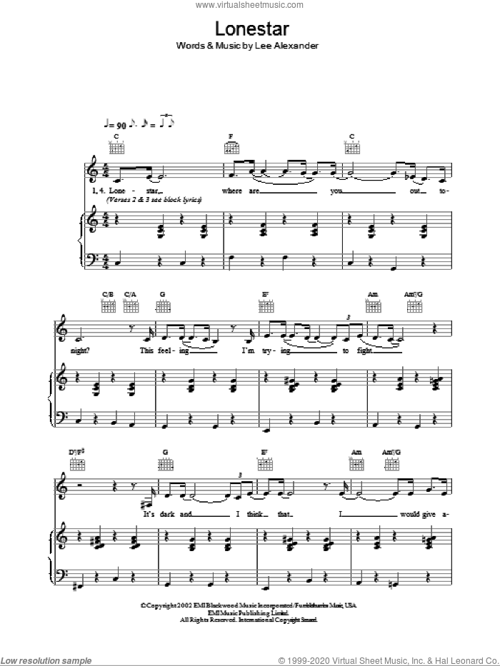 Lonestar sheet music for voice, piano or guitar by Norah Jones and Lee Alexander, intermediate skill level