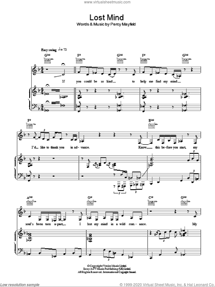 Lost Mind sheet music for voice, piano or guitar by Diana Krall and Percy Mayfield, intermediate skill level