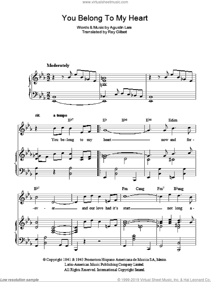 You Belong To My Heart (Solamente Una Vez) sheet music for voice, piano or guitar by Bing Crosby and Agustin Lara, intermediate skill level