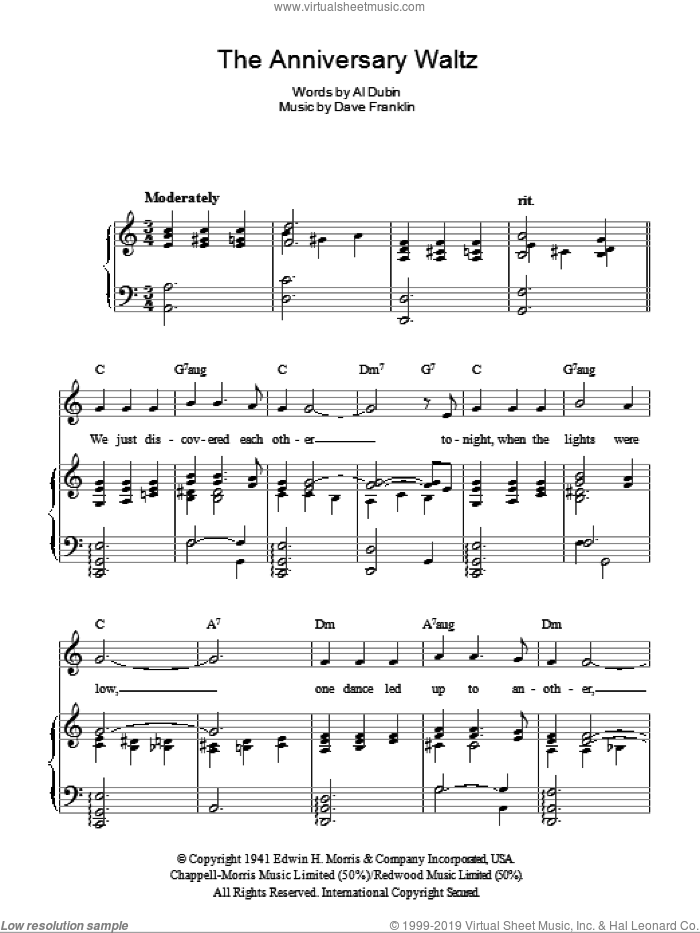 The Anniversary Waltz sheet music for voice, piano or guitar by Bing Crosby, Al Dubin and Dave Franklin, intermediate skill level