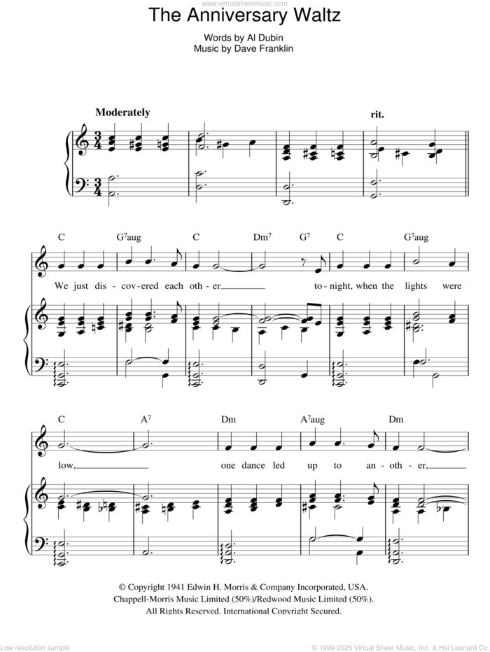 The Anniversary Waltz sheet music for voice, piano or guitar by Bing Crosby, Al Dubin and Dave Franklin, intermediate skill level