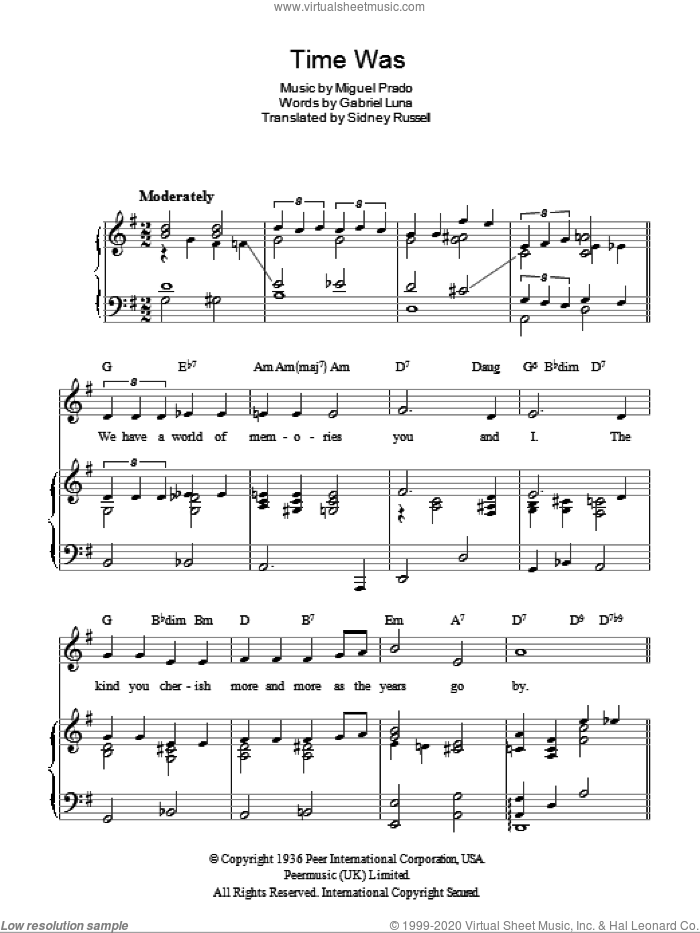 Time Was (Duerme) sheet music for voice, piano or guitar by The Four Freshmen, Gabriel Luna, Miguel Prado and Sidney Russell, intermediate skill level