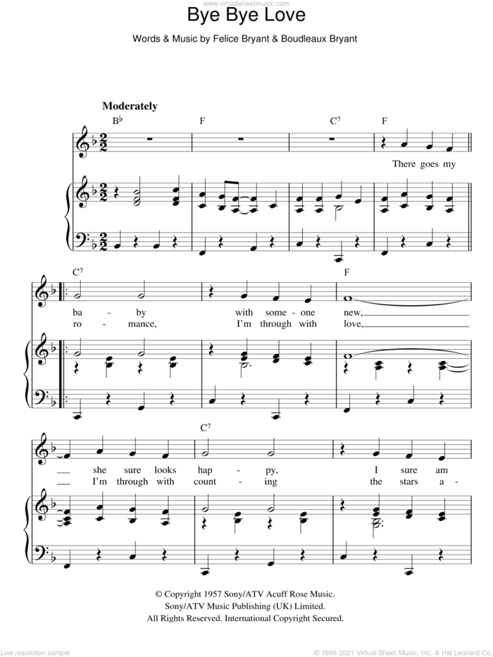 Bye Bye Love sheet music for voice, piano or guitar by Everly Brothers, Boudleaux Bryant and Felice Bryant, intermediate skill level