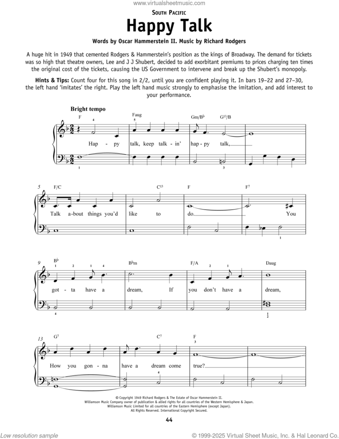 Happy Talk (from South Pacific) sheet music for piano solo by Richard Rodgers, Oscar II Hammerstein and Rodgers & Hammerstein, beginner skill level