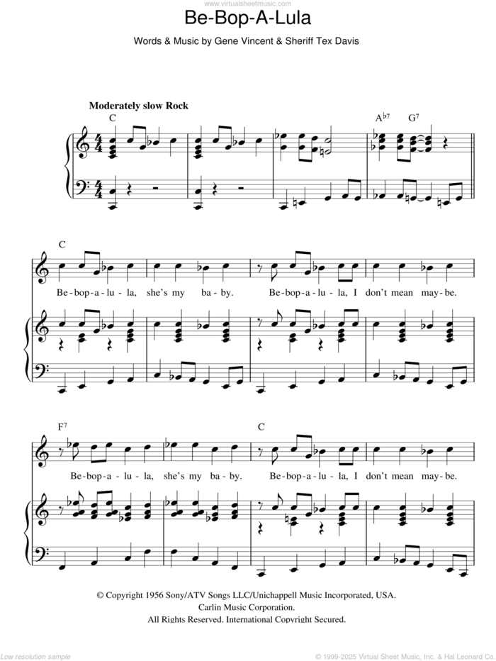 Be-Bop-A-Lula sheet music for voice, piano or guitar by Gene Vincent and Sheriff Tex Davis, intermediate skill level