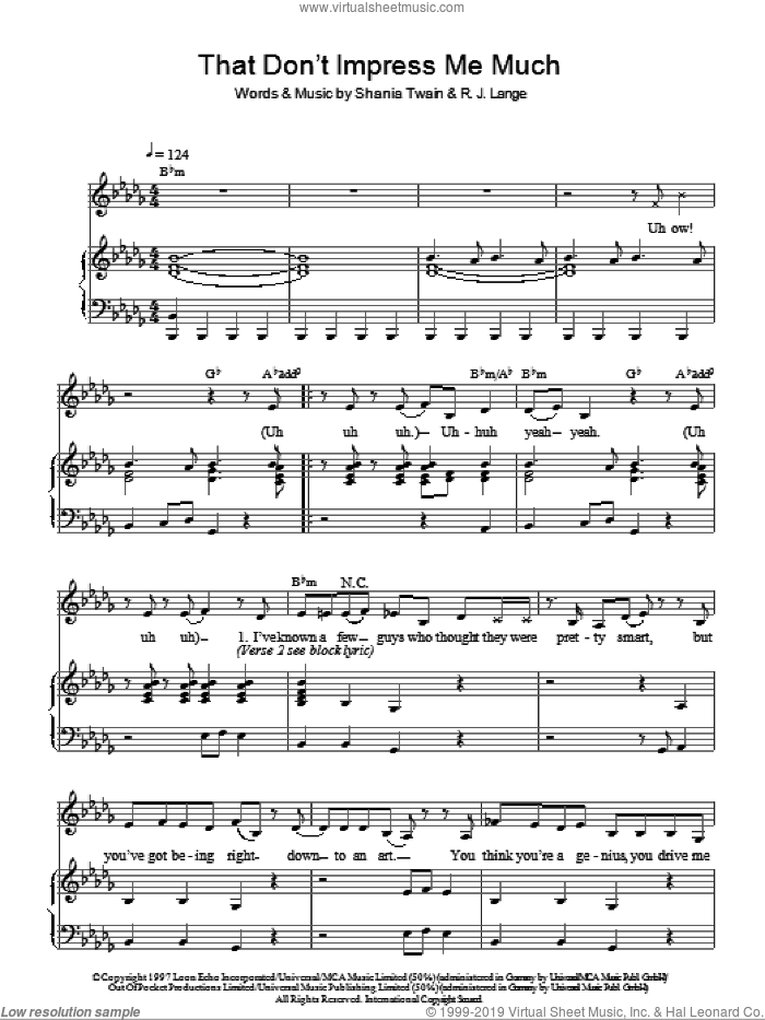 That Don't Impress Me Much sheet music for piano solo by Shania Twain and Robert John Lange, easy skill level