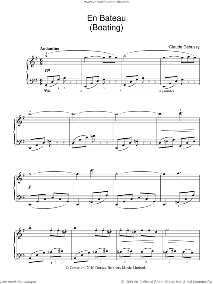En Bateau sheet music for piano solo by Claude Debussy, classical score, easy skill level