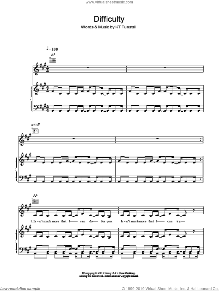 Difficulty sheet music for voice, piano or guitar by KT Tunstall, intermediate skill level