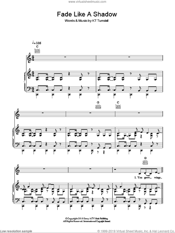 Fade Like A Shadow sheet music for voice, piano or guitar by KT Tunstall, intermediate skill level