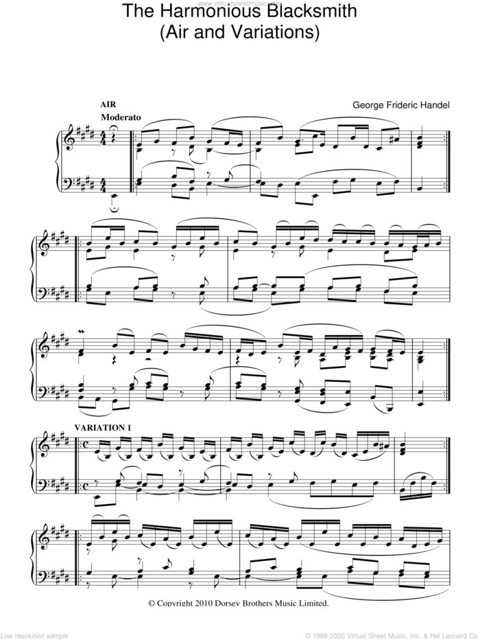 The Harmonious Blacksmith (Air And Variations) sheet music for piano solo by George Frideric Handel, classical score, intermediate skill level