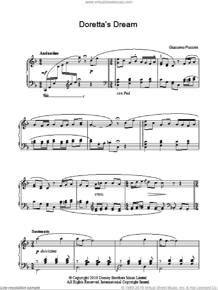 Doretta's Dream sheet music for piano solo by Giacomo Puccini, classical score, intermediate skill level