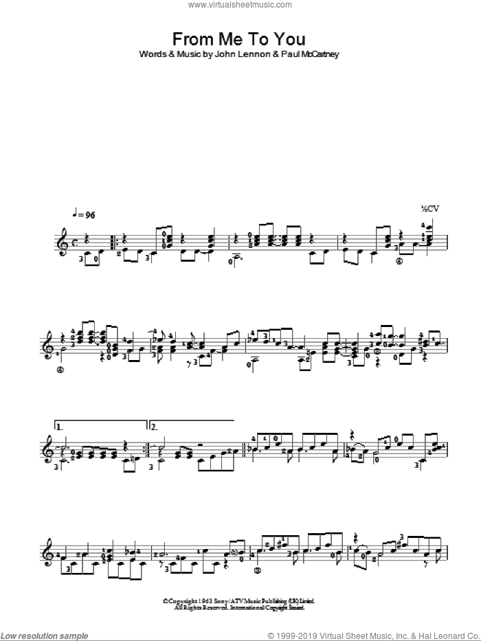 From Me To You sheet music for guitar solo (chords) by The Beatles, John Lennon and Paul McCartney, easy guitar (chords)