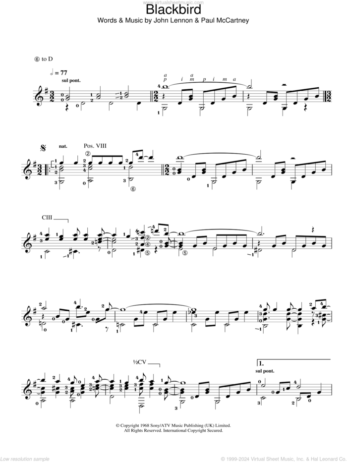 Blackbird sheet music for guitar solo (chords) by Paul McCartney and John Lennon, easy guitar (chords)