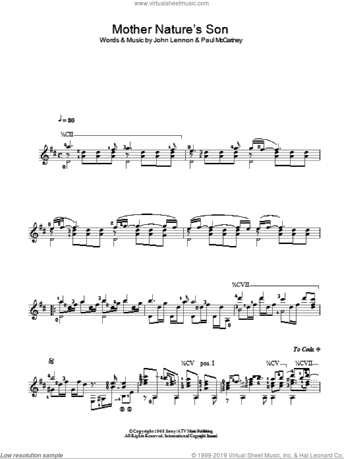 Mother Nature's Son sheet music for guitar solo (chords) by The Beatles, Paul McCartney and John Lennon, easy guitar (chords)