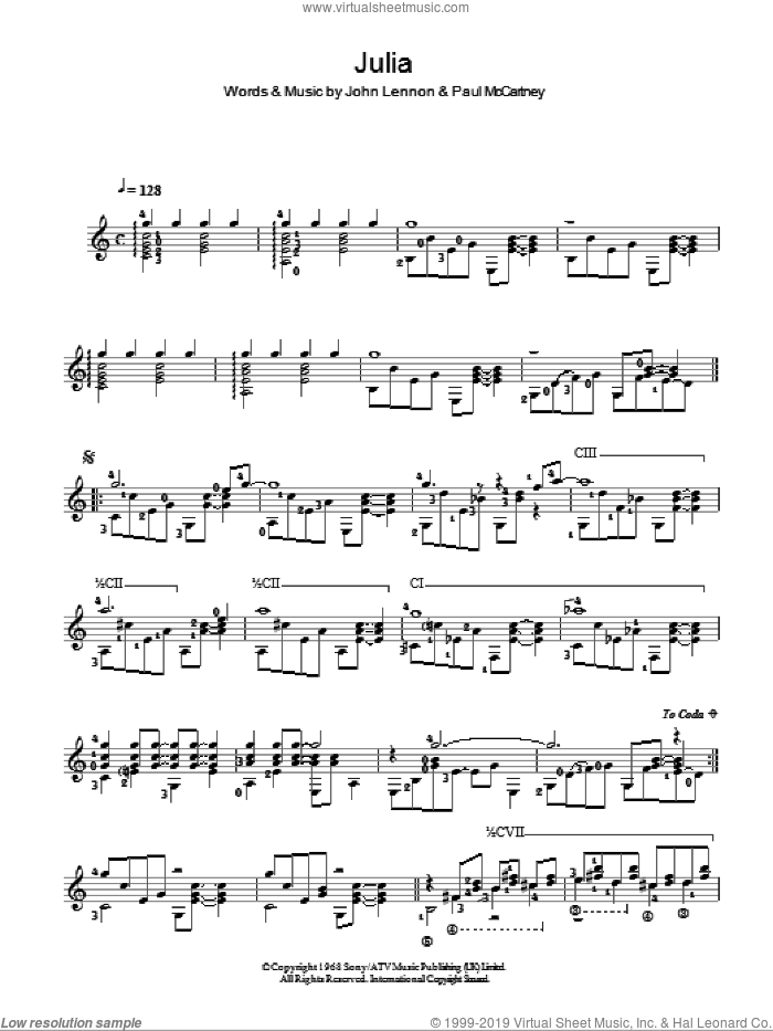 Julia sheet music for guitar solo (chords) by The Beatles, John Lennon and Paul McCartney, easy guitar (chords)