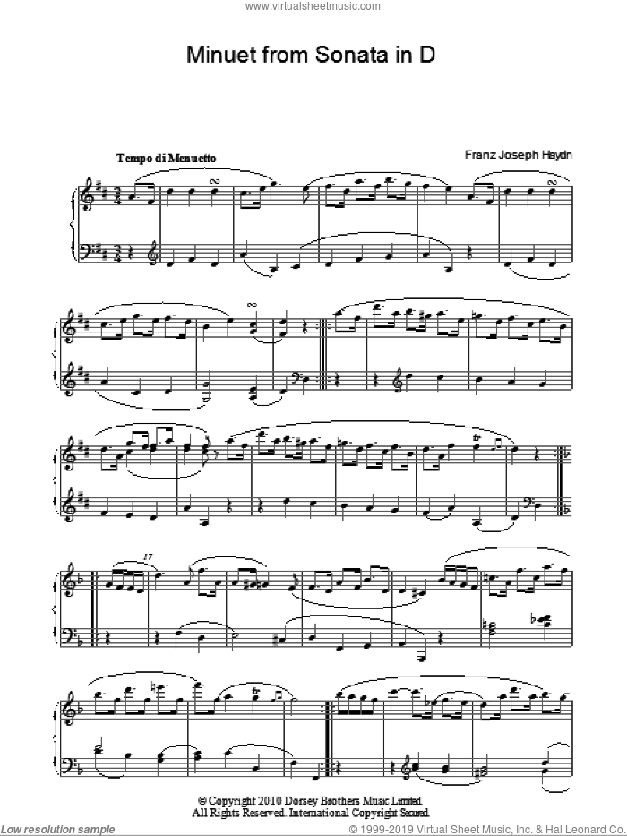Minuet From Sonata In D sheet music for piano solo by Franz Joseph Haydn, classical score, intermediate skill level