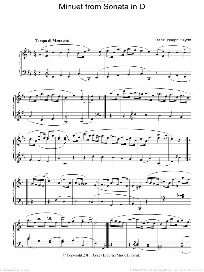 Minuet From Sonata In D sheet music for piano solo by Franz Joseph Haydn, classical score, intermediate skill level