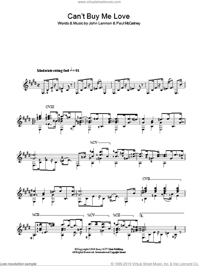 Can't Buy Me Love sheet music for guitar solo (chords) by The Beatles, John Lennon and Paul McCartney, easy guitar (chords)