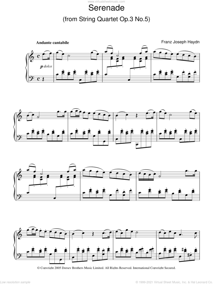 Serenade For Strings, Op. 3, No. 5 sheet music for piano solo by Franz Joseph Haydn, classical score, intermediate skill level