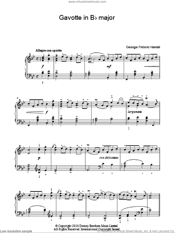 Gavotte In Bb, (easy) sheet music for piano solo by George Frideric Handel, classical score, easy skill level