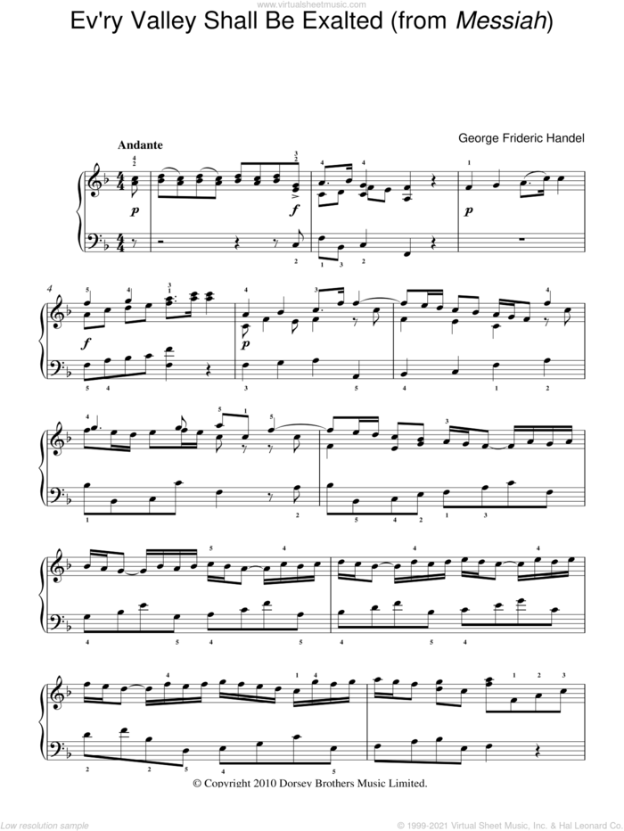 Ev'ry Valley Shall Be Exalted (from Messiah) sheet music for piano solo by George Frideric Handel, classical score, easy skill level