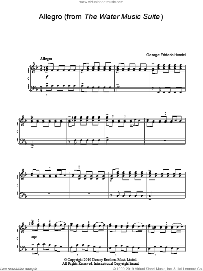 Allegro (from The Water Music Suite) sheet music for piano solo by George Frideric Handel, classical score, easy skill level