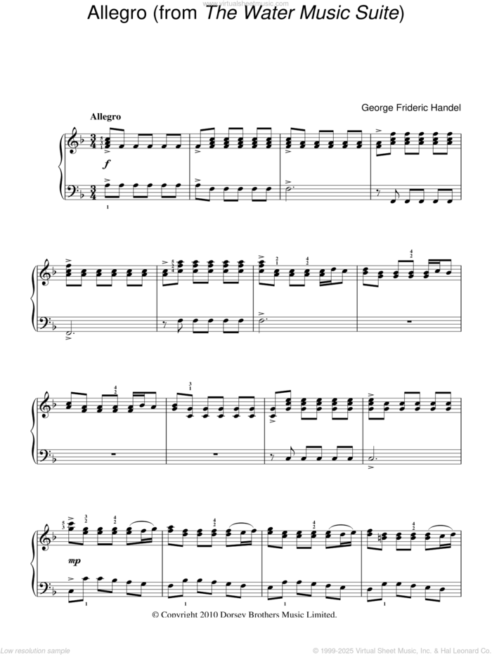 Allegro (from The Water Music Suite), (easy) sheet music for piano solo by George Frideric Handel, classical score, easy skill level