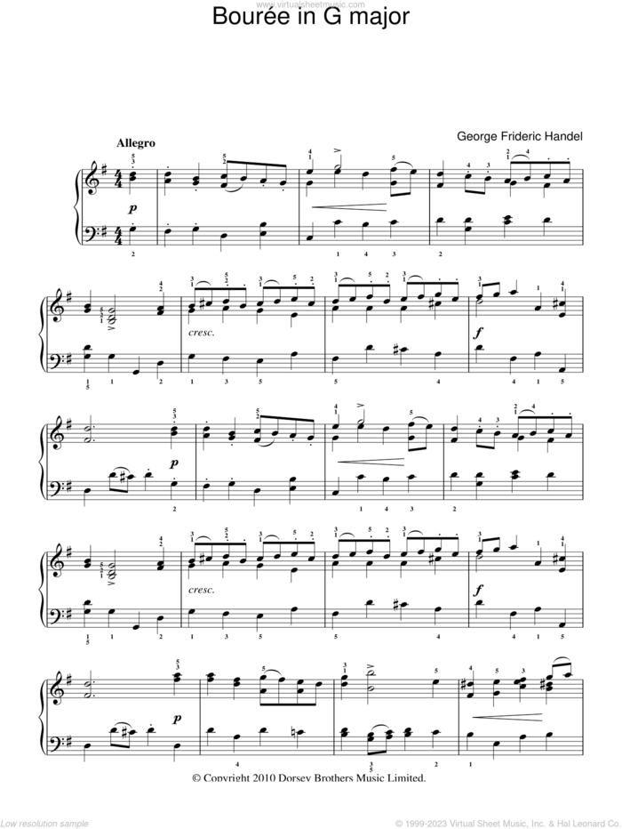 Bouree In G Major sheet music for piano solo by George Frideric Handel, classical score, easy skill level