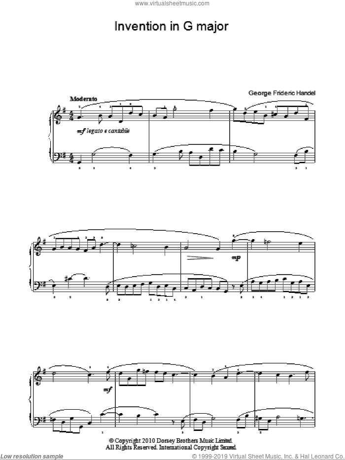 Invention In G sheet music for piano solo by George Frideric Handel, classical score, easy skill level