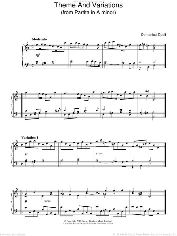 Theme And Variations From Partita In A Minor sheet music for piano solo by Domenico Zipoli, classical score, intermediate skill level