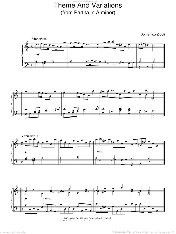 Theme And Variations From Partita In A Minor sheet music for piano solo by Domenico Zipoli, classical score, intermediate skill level