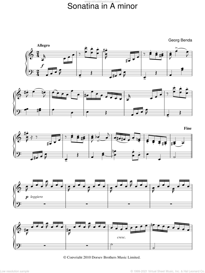 Sonatina In A Minor sheet music for piano solo by Georg Benda, classical score, intermediate skill level