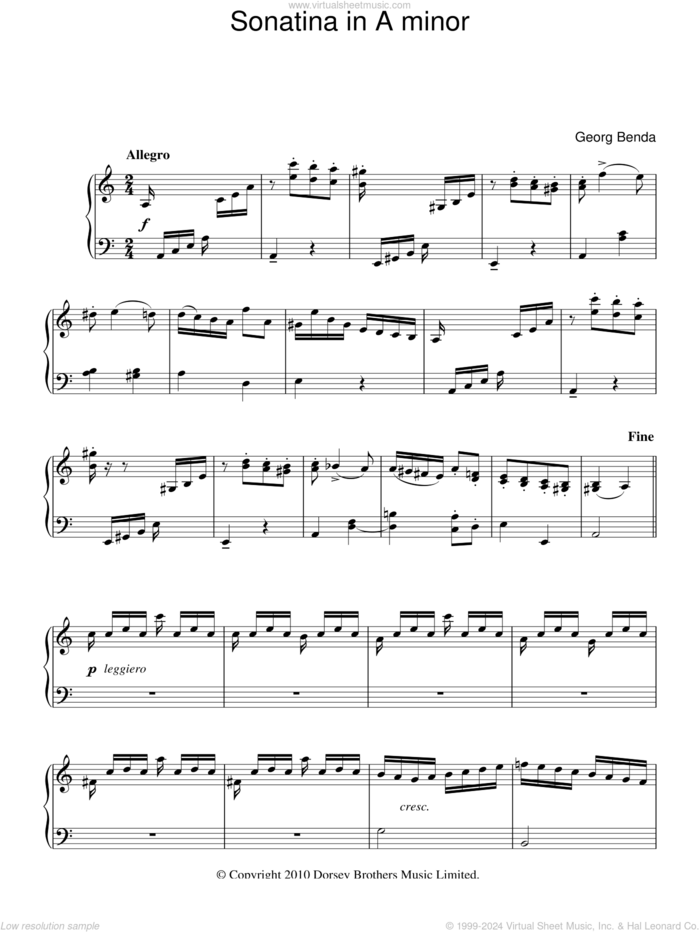 Sonatina In A Minor sheet music for piano solo by Georg Benda, classical score, intermediate skill level