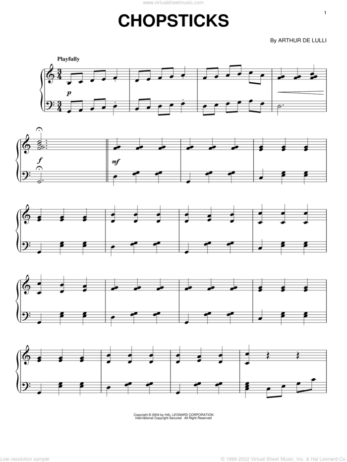 Chopsticks, (intermediate) sheet music for piano solo by Arthur de Lulli, intermediate skill level
