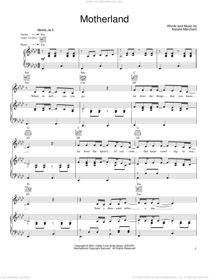 Motherland sheet music for voice, piano or guitar by Natalie Merchant, intermediate skill level