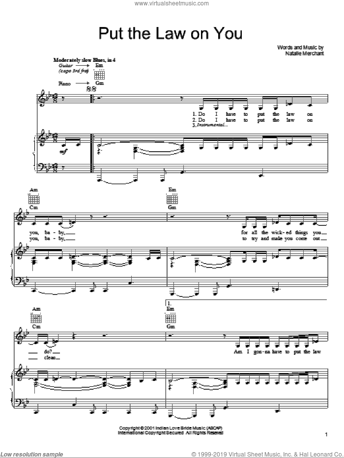 Put The Law On You sheet music for voice, piano or guitar by Natalie Merchant, intermediate skill level
