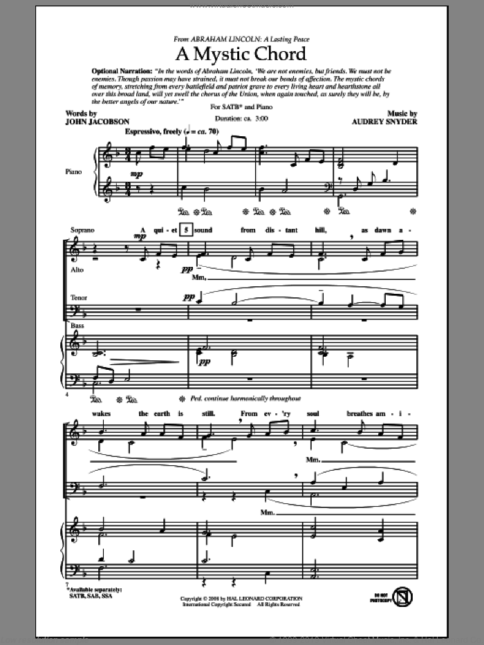 A Mystic Chord sheet music for choir (SATB: soprano, alto, tenor, bass) by Audrey Snyder and John Jacobson, intermediate skill level