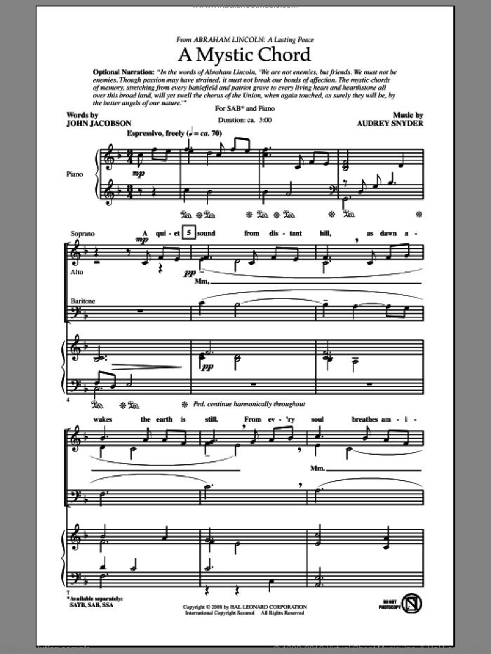 A Mystic Chord sheet music for choir (SAB: soprano, alto, bass) by Audrey Snyder and John Jacobson, intermediate skill level