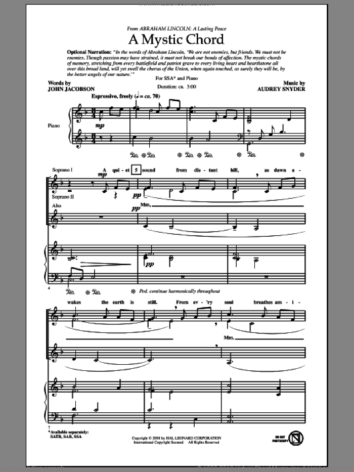 A Mystic Chord sheet music for choir (SSA: soprano, alto) by Audrey Snyder and John Jacobson, intermediate skill level