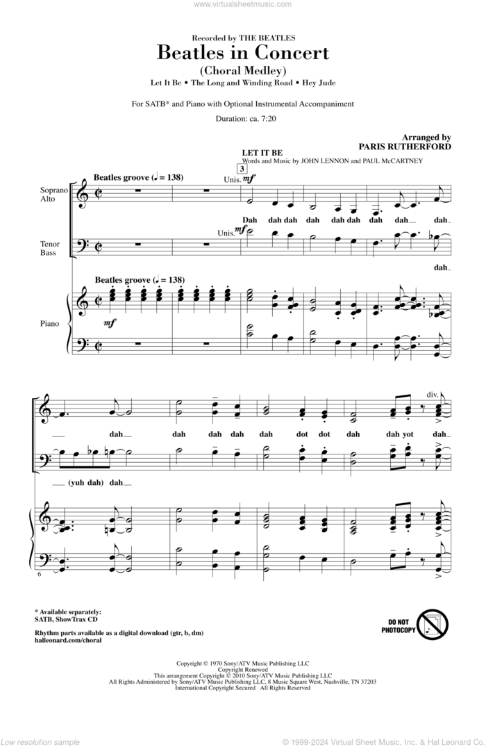 Beatles In Concert (Medley) sheet music for choir (SATB: soprano, alto, tenor, bass) by Paul McCartney, John Lennon, Paris Rutherford and The Beatles, intermediate skill level